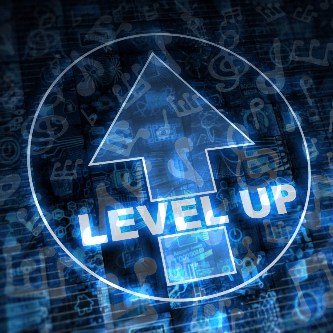 a photo of a lighted arrow pointing up with the words "level up" on it. music mentor